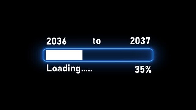 Futuristic digital loading bar with years 2036 to 2037 and 25% progress bar on dark background