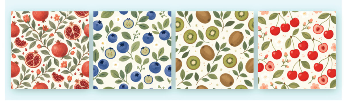 Seamless patterns with fresh fruits and berries, pomegranate, blueberry, kiwi and cherry, handdrawn vector illustration