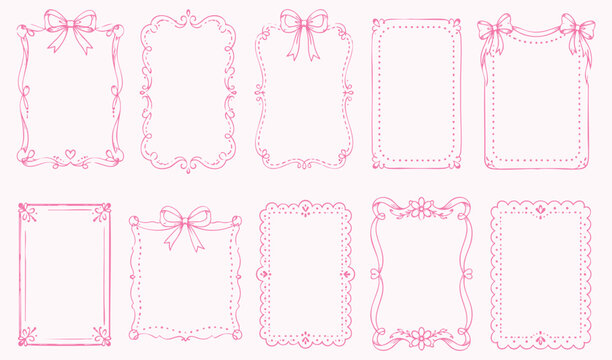 Set of cute handdrawn rectangular frames with bows and floral elements, decorative borders for invitations, greeting cards, and scrapbooking