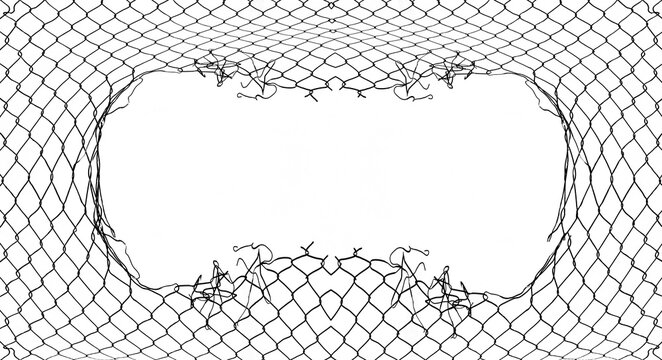 Wire fence or metal net on sunset background. isolated on white backdrop. hole in net. Wire mesh fence, Rabitz net. illustration.