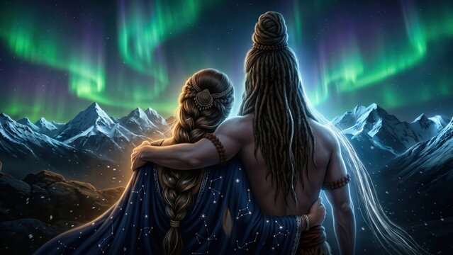 Shiv Parvati Romantic Aurora Wallpaper &mdash; Eternal Himalayan View 4K