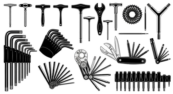 Black and white toolbox icons, tool set collection, 25+ assorted tools, vector illustration