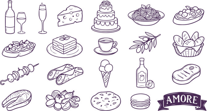 Italian food and drink platter with wine, cheese, pasta, pizza, steak, and desserts, amore ribbon.