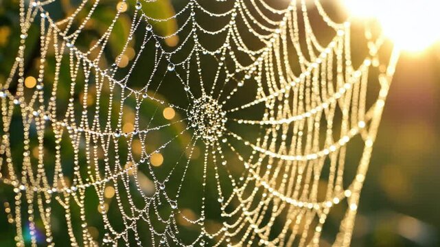 Close up of a spider web with water droplets in bright sunlight