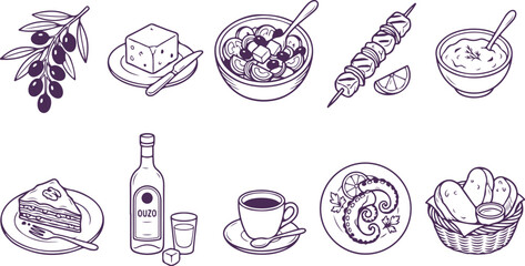 Assortment of Greek food and drink items hand-drawn in outline style for design. © Sadhin