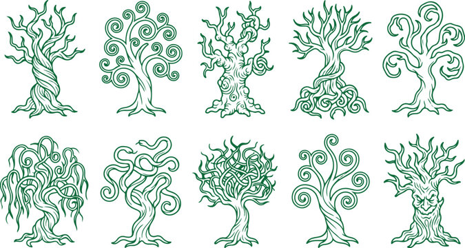 Whimsical stylized trees with swirling branches and roots on transparent background for fantasy design.