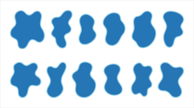 Set of abstract blue liquid splash elements, irregular ink blot shapes, or organic fluid forms for graphic design