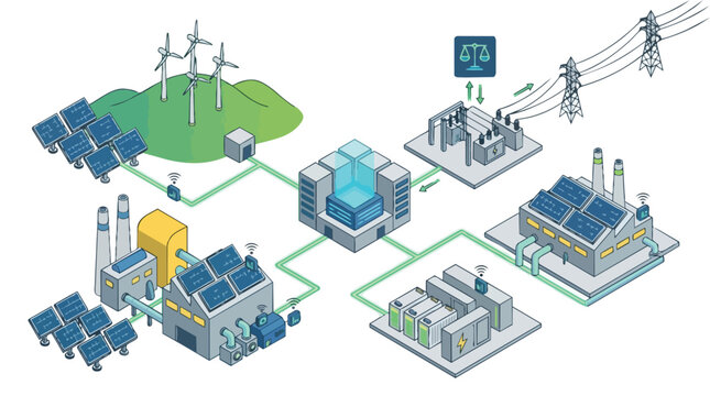 Isometric energy infrastructure and power grid illustration.