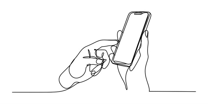 Continuous single line drawing of a person holding a smartphone and using their finger to touch the screen