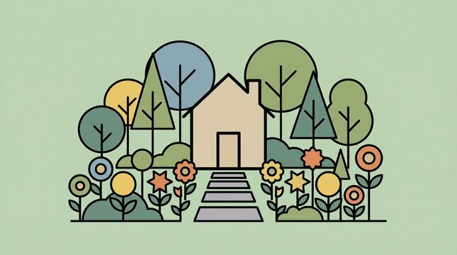 Colorful Garden with House, Serene Landscape, Illustration View, Vibrant Environment