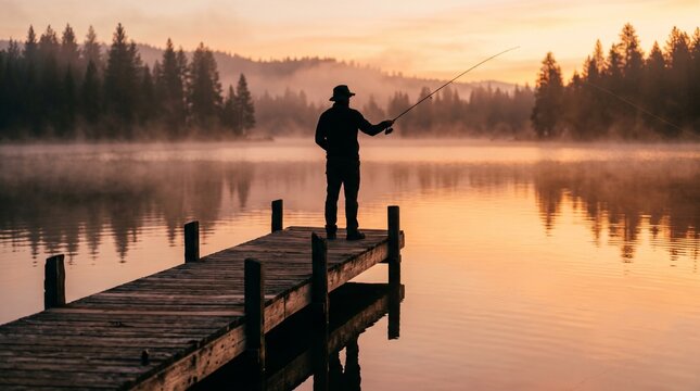 Fisherman Silhouette Standing Weathered Wooden Dock Golden Hour Casting Long Fishing Rod Over Calm Misty Lake
