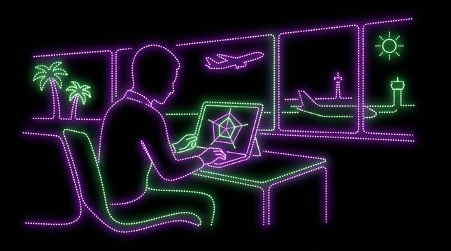 Remote worker at airport terminal with laptop and radar graph