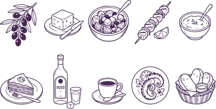 Assortment of Greek food and drink items hand-drawn in outline style for design.