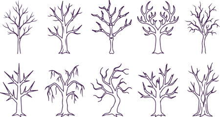 Collection of stylized bare trees and branches in outline drawing for autumn or winter. © Sadhin