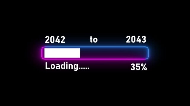 Futuristic digital loading bar transition 2042 to 2043 neon glow progress indicator animation