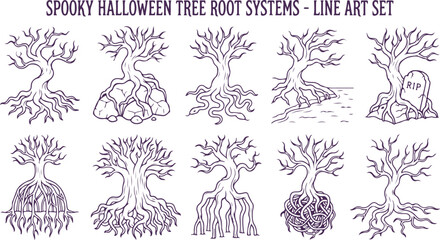 Fototapeta premium Spooky halloween tree root systems line art set creepy gnarled and twisted tree designs.
