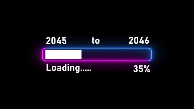 Futuristic digital countdown loading bar 2045 to 2046 with glowing progress indicator and