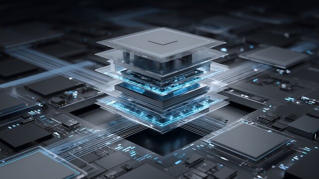 Futuristic AI Processor Architecture with Advanced Semiconductor Layers and Digital Computing Infrastructure, High Technology Computer Chip System for Artificial Intelligence and Enterprise Hardware