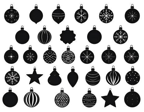 Black christmas ornaments silhouette collection isolated on a white background