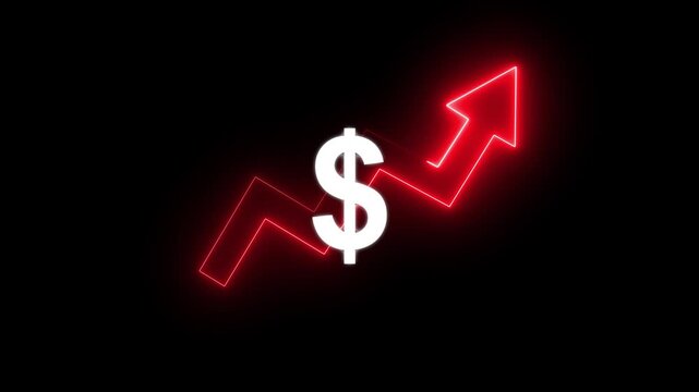 Money increases icon, dollar rate increase stretching arrow up icon .Glowing up arrow with dollar sign. Glowing neon line of dollar sign icon and up arrow isolated on transparent background