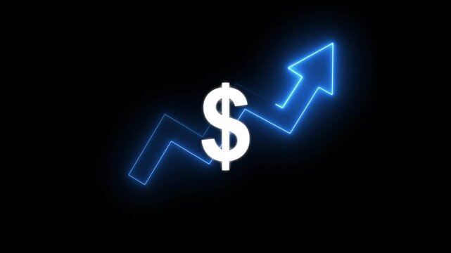 Money increases icon, dollar rate increase stretching arrow up icon .Glowing up arrow with dollar sign. Glowing neon line of dollar sign icon and up arrow isolated on transparent background