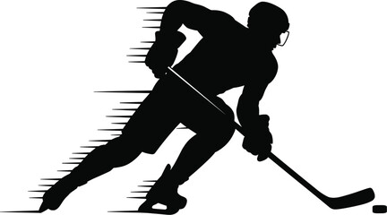 Ice Hockey Player Dynamic Silhouette Vector Featuring Skating Athlete with Stick and Puck for Winter Sports Tournament Graphic Designs © Shilpi