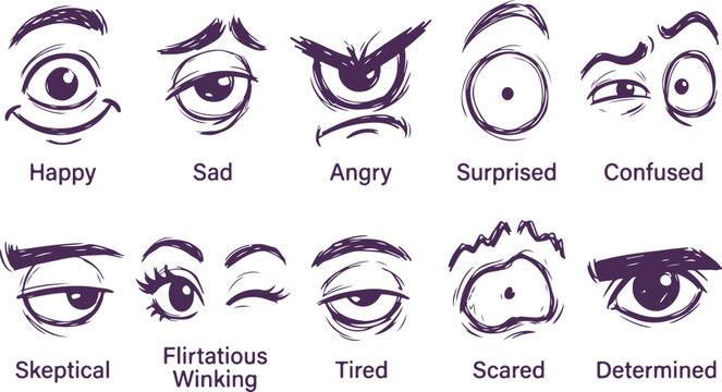 Expressive eyes cartoon faces emotions and expressions set hand drawn.
