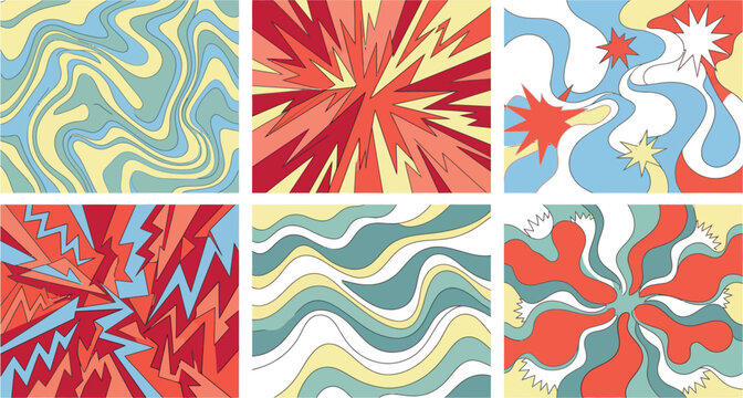 Groovy 70s abstract pattern background set with retro style.