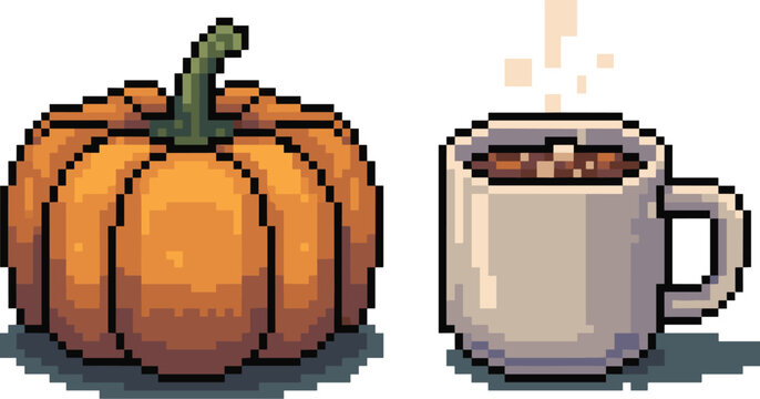 Pixel Art Autumn Vector Set Featuring Orange Pumpkin and Steaming Mug of Hot Chocolate Coffee or Tea for Cozy Seasonal Graphic Designs