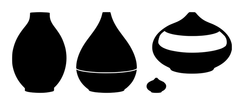 Aromatherapy diffuser set with solid black icon design featuring home appliance, ultrasonic humidifier, air purifier with essential oil and fragrance