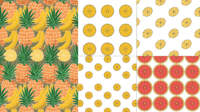 Seamless Tropical Fruit Pattern Vector Collection Featuring Pineapples Bananas Oranges Lemon Slices and Grapefruit for Textile Wallpaper Wrapping Paper Designs