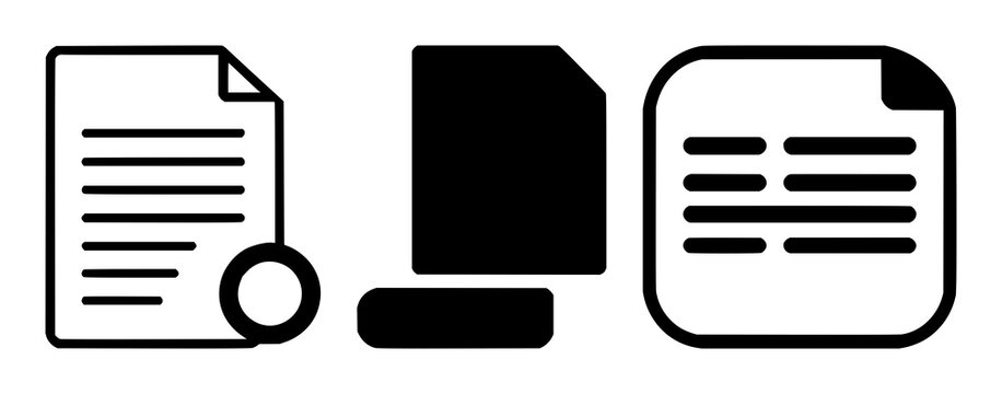 Patent document icon set with simple monochrome graphic design featuring patent, document, legal with iconography and business technology