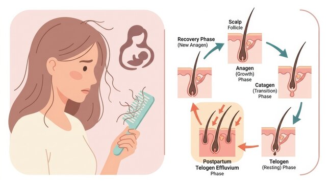 Woman is shown with a distressed expression while holding a hairbrush with hair loss. She is dealing with changes during motherhood.