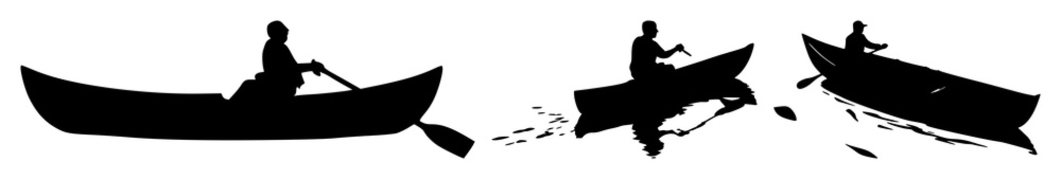 Rowing boat set with black silhouette on white background featuring rowing, watercraft, sports with minimal design and single figure