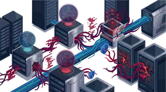 Abstract network of cubes with connected blue lines and glowing red branches.