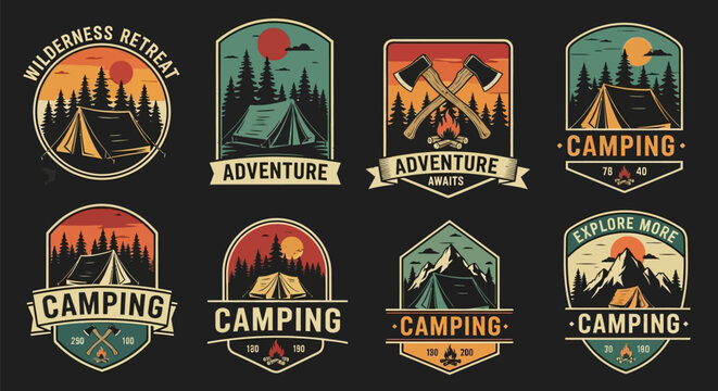 Retro Camping and Wilderness Adventure Emblems with Tents and Axes