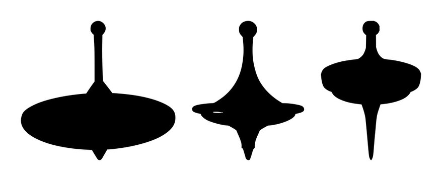 Spinning top set with black silhouette on white background featuring toy, motion, classic with black and white and minimalistic illustration
