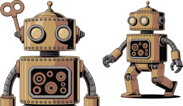 Retro Vintage Tin Robot Vector Character Set Featuring Wind Up Key Gears Mechanical Details and Walking Steampunk Automaton Designs