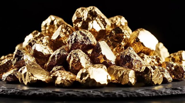 Shiny gold nuggets piled on a dark textured surface. Raw precious metal closeup. Wealth and economy concept. Investment and commerce display for business value.