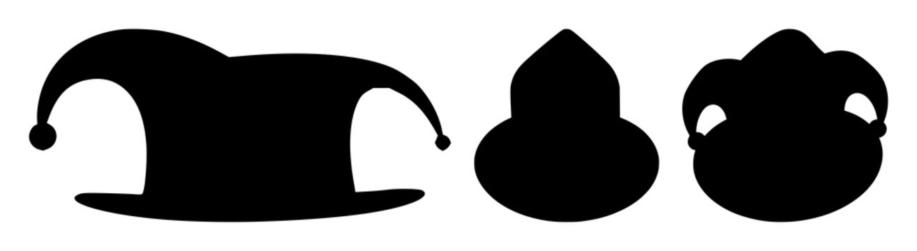 Jester hat set with black silhouette design featuring playing cards, circus, masquerade with entertainment and fantasy
