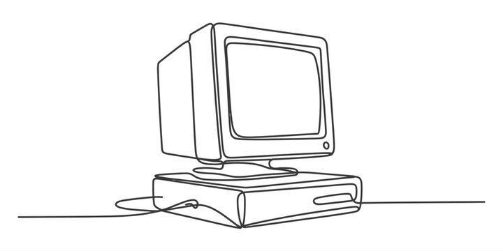 Continuous single line drawing of an old vintage desktop computer monitor and system unit case