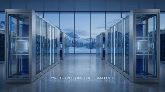 Modern liquid-cooled data center with server racks and futuristic technology, representing green computing