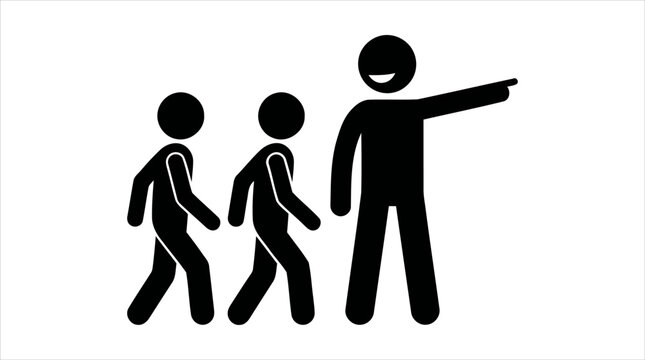 Stick figures illustrating leadership and guidance, pointing towards a common goal
