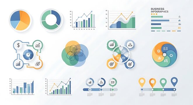 Business infographics templates with various charts and graphs for data analysis and presentation purposes easily