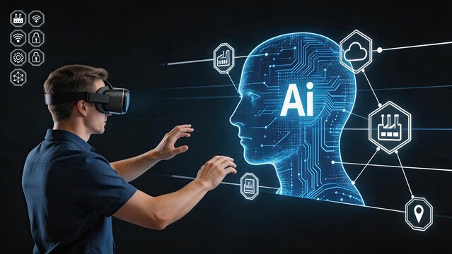 Man wearing virtual reality headset interacting with digital artificial intelligence head profile, immersive technology experience, future human computer interaction and smart