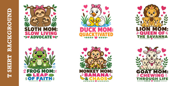 Playful animal mother and children vector art set with sloth duck lion frog and monkeys.