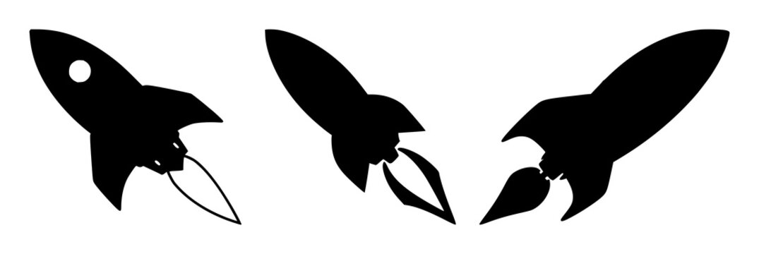 Rocket ship set with black silhouette against white background featuring space, launch, propulsion with aerospace and astronomy