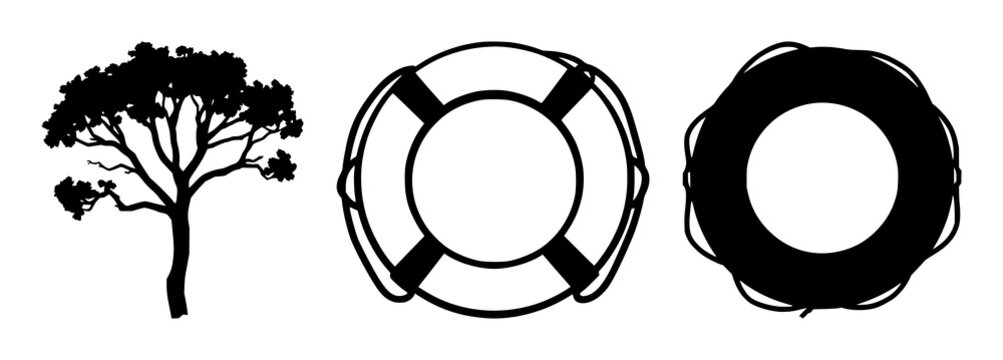 Lifebuoy set with classic black silhouette on white background featuring nautical safety, emergency rescue, maritime gear with rescue equipment and warning signage