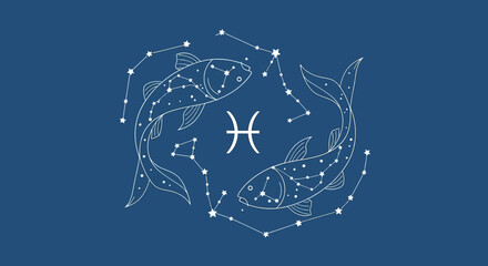 Pisces zodiac sign with constellation and symbol. © faizz