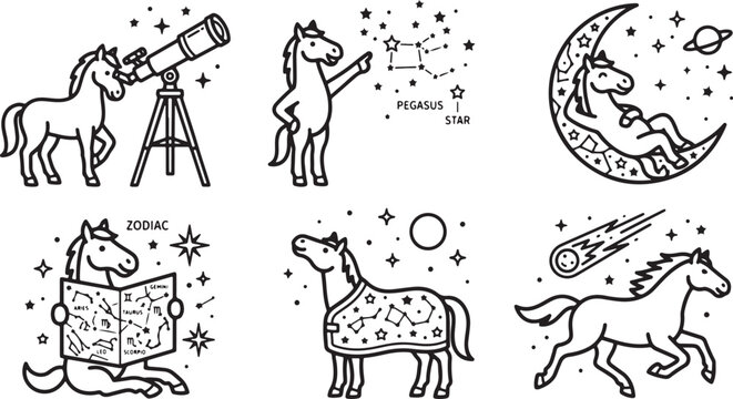 Cute cartoon horses engaging in various celestial activities including stargazing and reading zodiac star charts in this fun line art